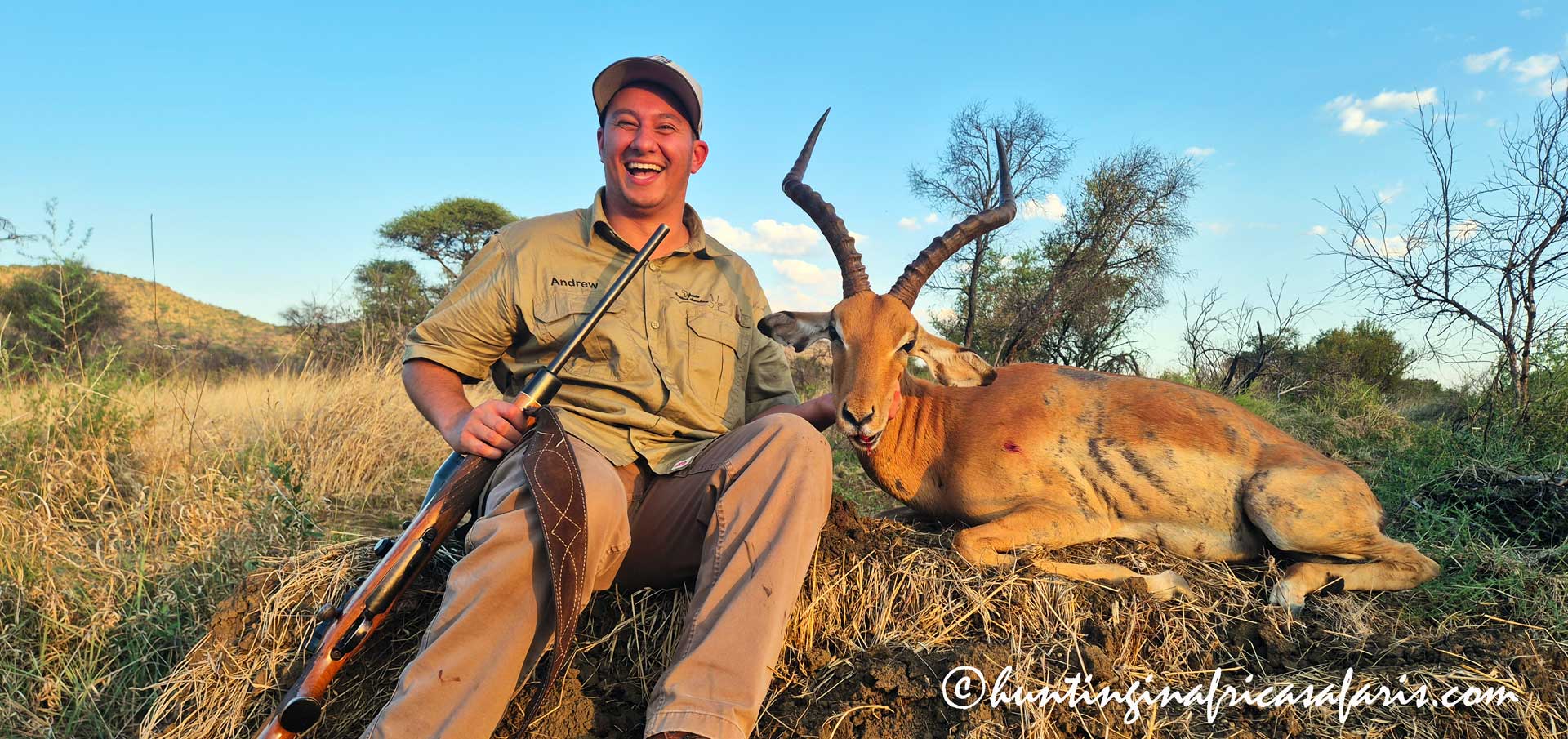 Impala hunting South Africa with 30-06 Young hunter with first African trophy, Impala ram, and .30-06 Springfield rifle in South Africa