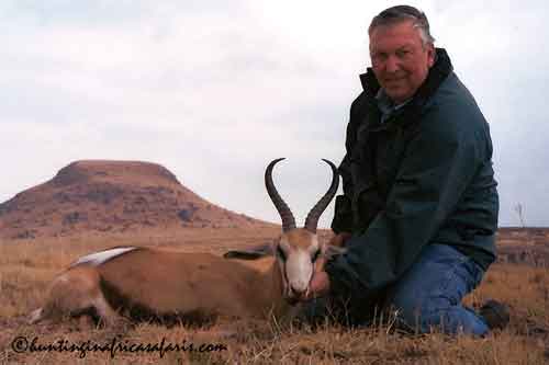 Springbok hunting South Africa 308 Hunter Jason with Trophy Springbok ram, Paul Roux, Free State, taken at 180 yards with a 308 CZ as part of a personal healing hunt.